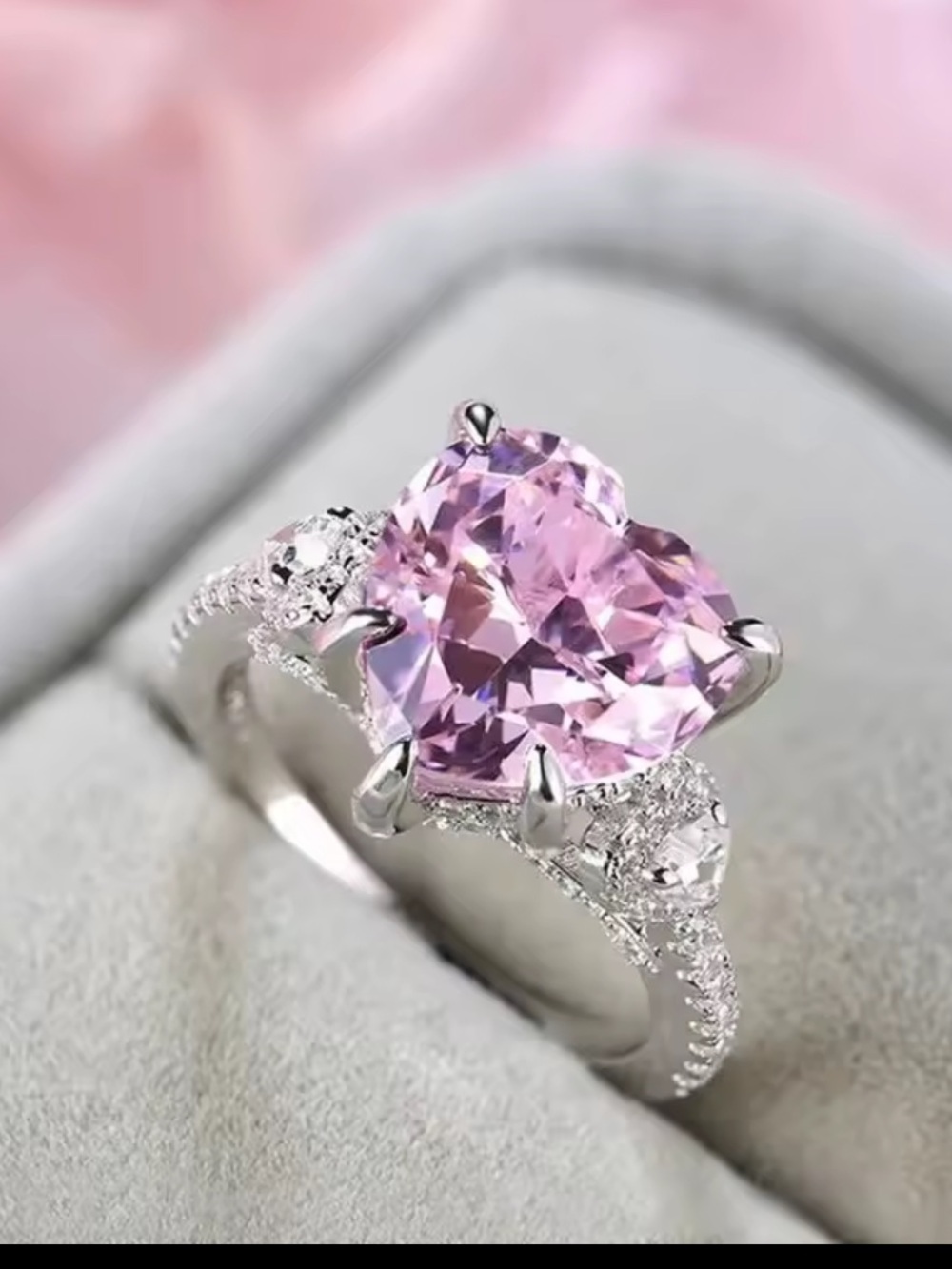Heart-Cut Pink Stone Silver Ring - Elegant Women's Jewelry